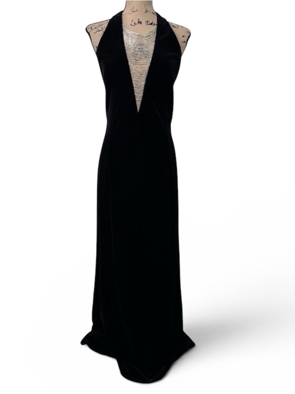 Vintage 90's Arianna Black Velvet Halter Gown Silver Beaded Plunge Maxi Dress 10